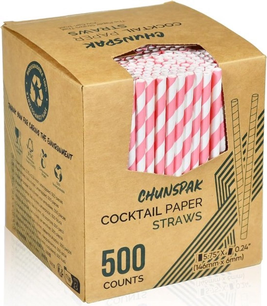 Papieren Rietjes - Korte Rietjes - Cocktail Drinken - Composteerbaar & Stevig - 5.75 Inch - Roze Strepen