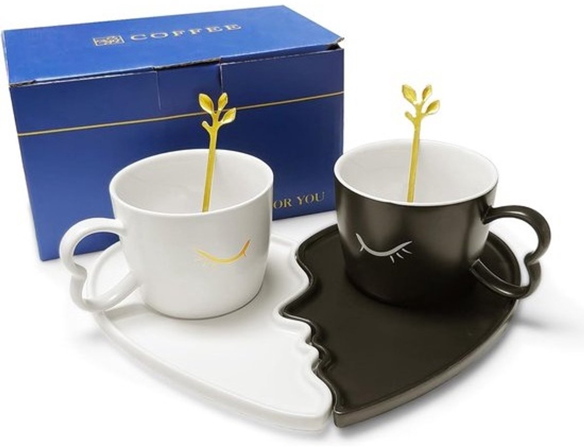 Koffiekopjes set - Partner mokken - Cadeau bruiloft - Kussend motief - 200 ml capaciteit - Zwart