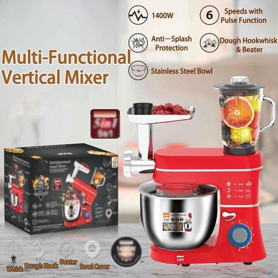 Keukenmachine - Mixer Deegmaker - Bakken en Koken - 10L Kom Vleesmolen - 1400W 6 Snelheden - Rood — afbeelding 3