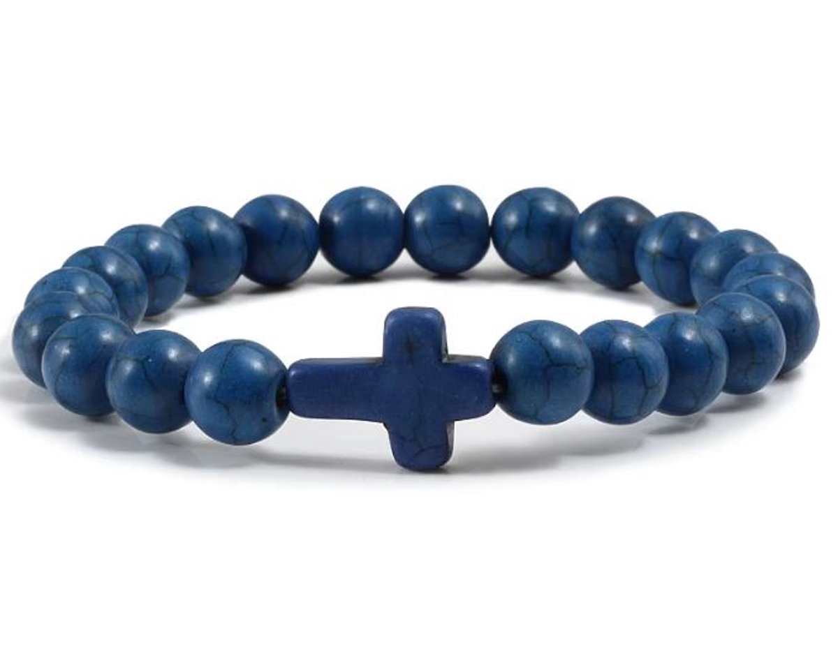 Kruis armband heren - Jezus - Christelijk - bijbel kralen Blauw - 20 cm