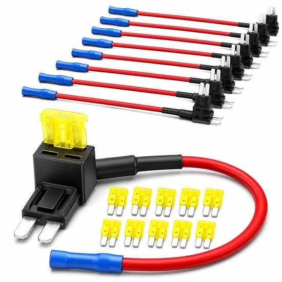 Tien rode circuits met blauwe connectoren en een extra zwartzekeringhouder met een gele 20A zekering.