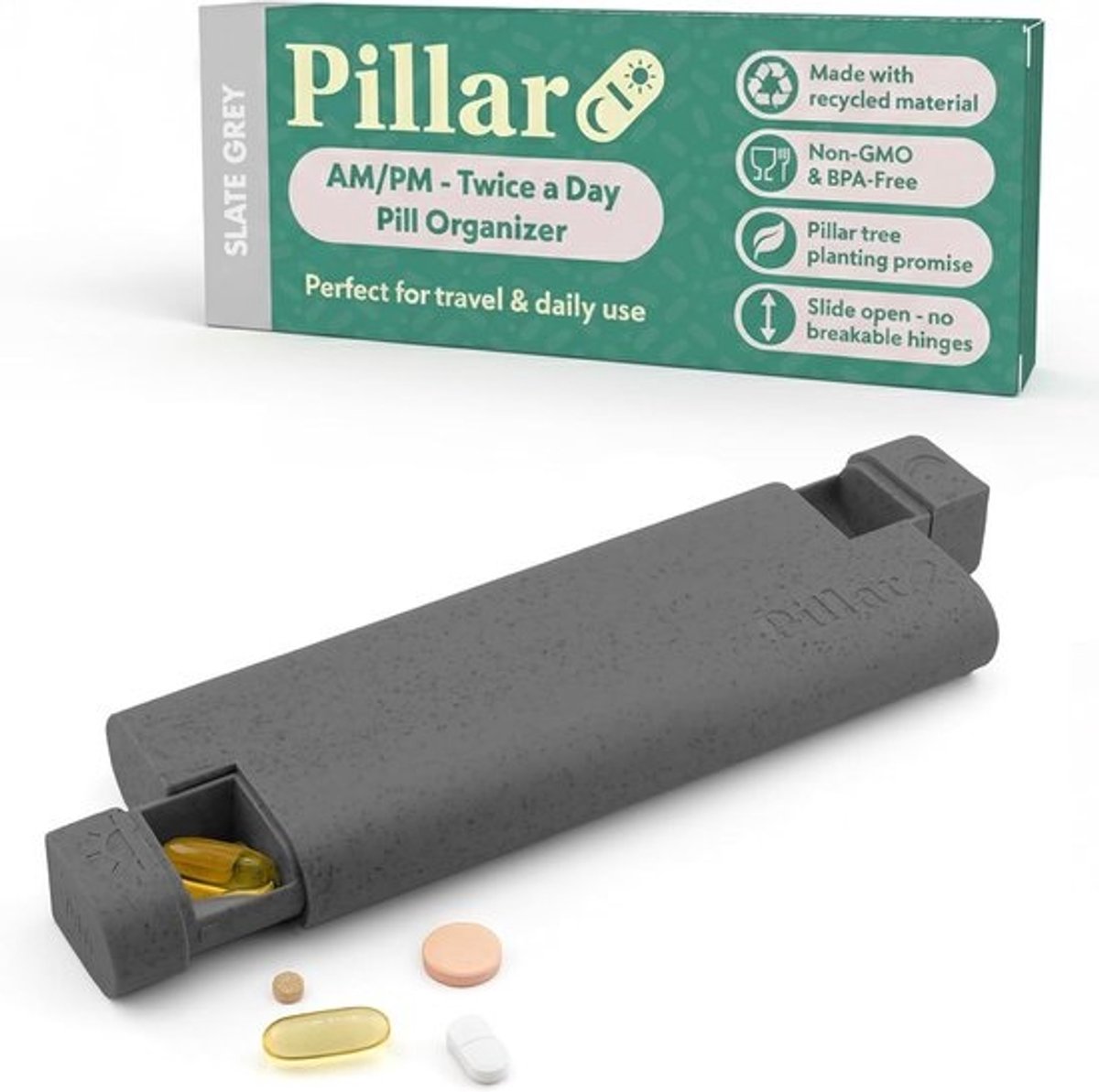 Pillen Organizer - Medicatie Houder - Dagelijkse Medicatie - Twee keer Dagelijks - 19.5 x 7.5 cm - Leisteengrijs