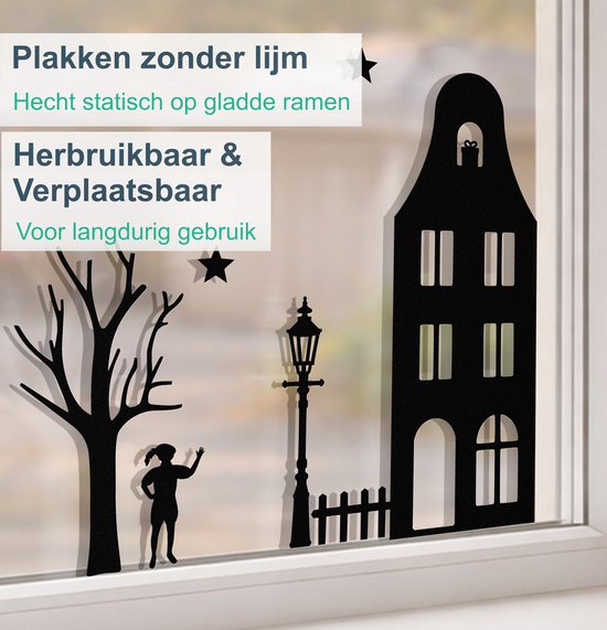 Zwarte silhouetten van een boom, lantaarnpaal, hek en een huis, met een meisje dat naar de sterren kijkt. Statische raamstickers.