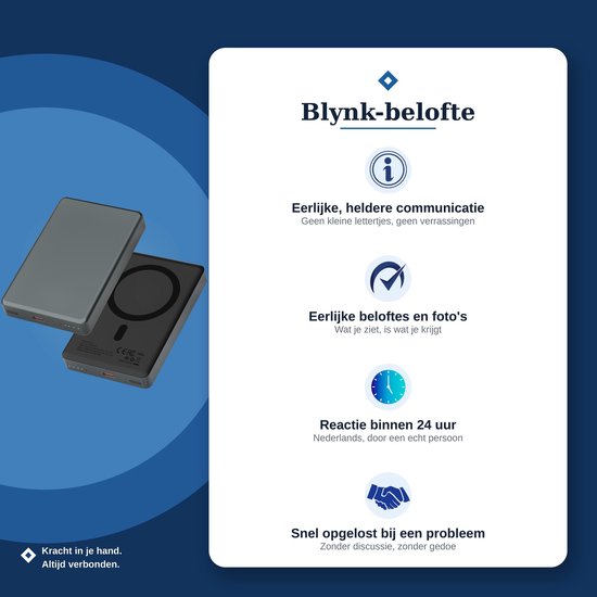 Twee compacte grijze magnetische powerbanks op een blauwe achtergrond. Blynk-belofte.
