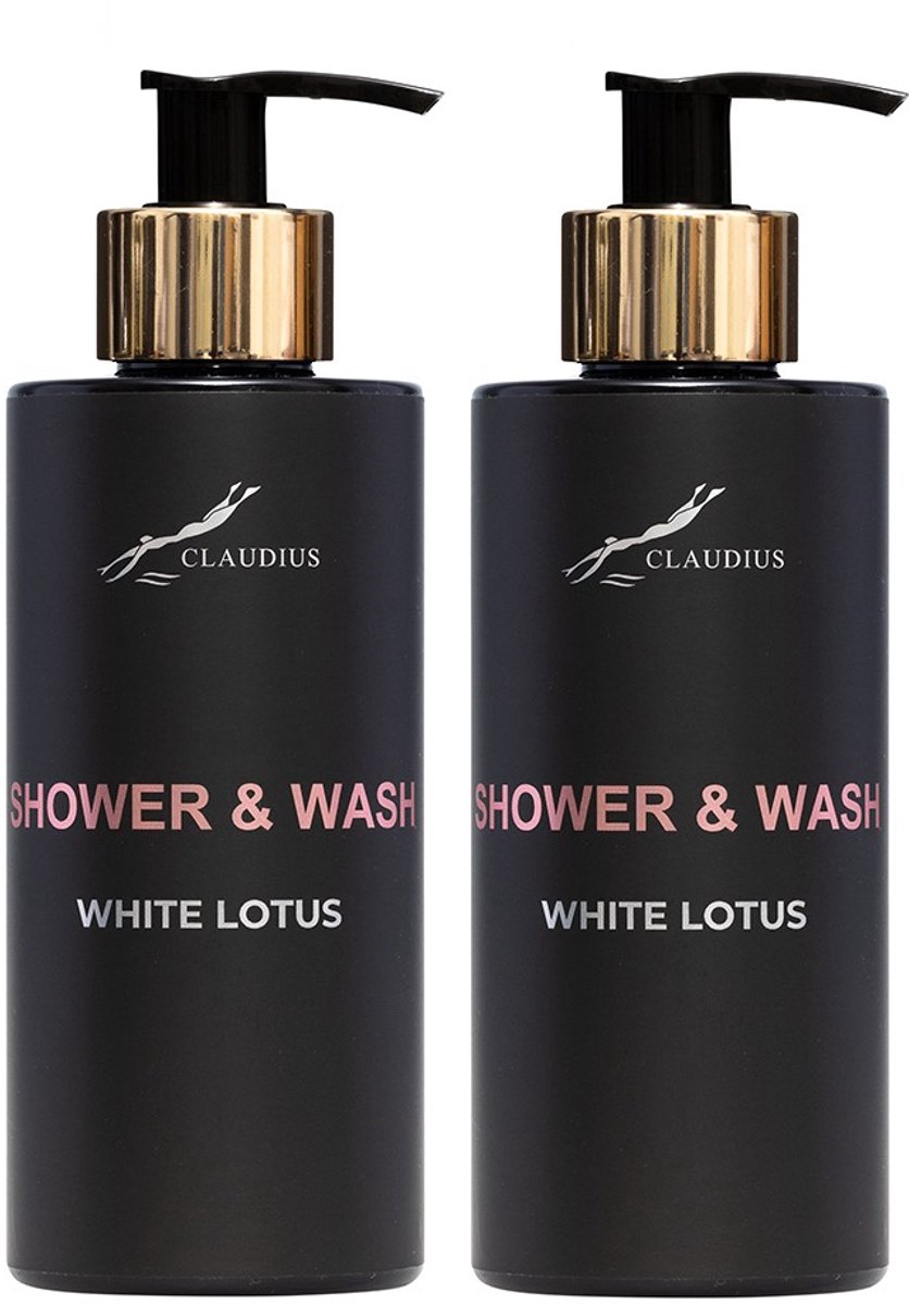 Shower & Wash White Lotus 300 ml - met gouden pomp - zwarte fles - set van 2 stuks - Voordeelverpakking
