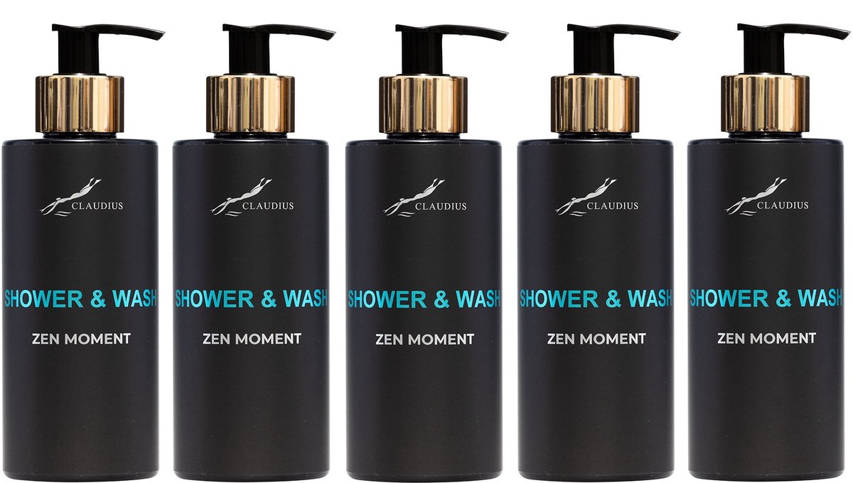 Shower & Wash Zen Moment 300 ml - met gouden pomp - zwarte fles - set van 5 stuks - Voordeelverpakking