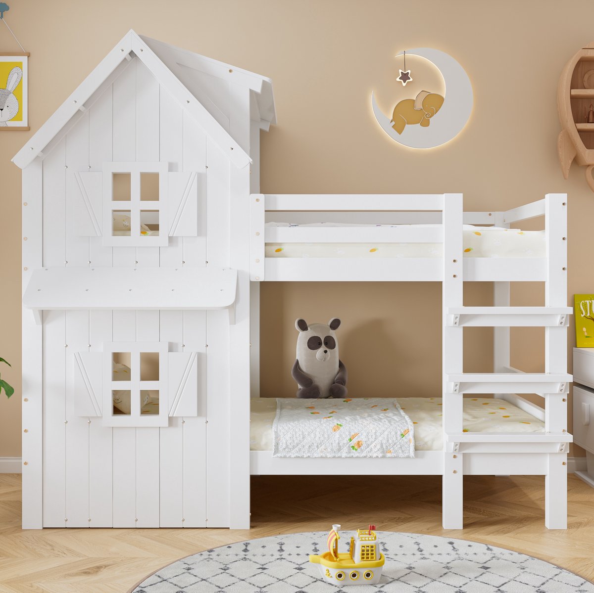Stapelbed 90x200 cm – Huisvorm Met Raam En Dak – Hout En MDF – Wit – Voor Kinderen Met Rechte Ladder
