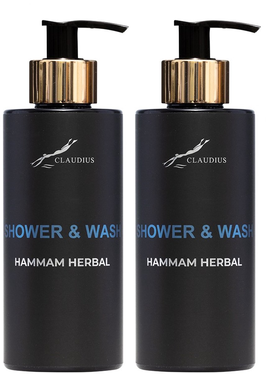 Shower & Wash Hammam Herbal 300 ml - met gouden pomp - zwarte fles - set van 2 stuks - Voordeelverpakking