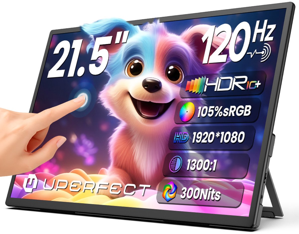 UPERFECT 21,5-inch draagbare gamingmonitor, 120Hz IPS-touchscreen (1920x1080) met geïntegreerde standaard, contrastverhouding 1300:1, USB-C en Mini-HDMI voor laptop, pc, smartphone en Switch; compatibel met VESA-montage