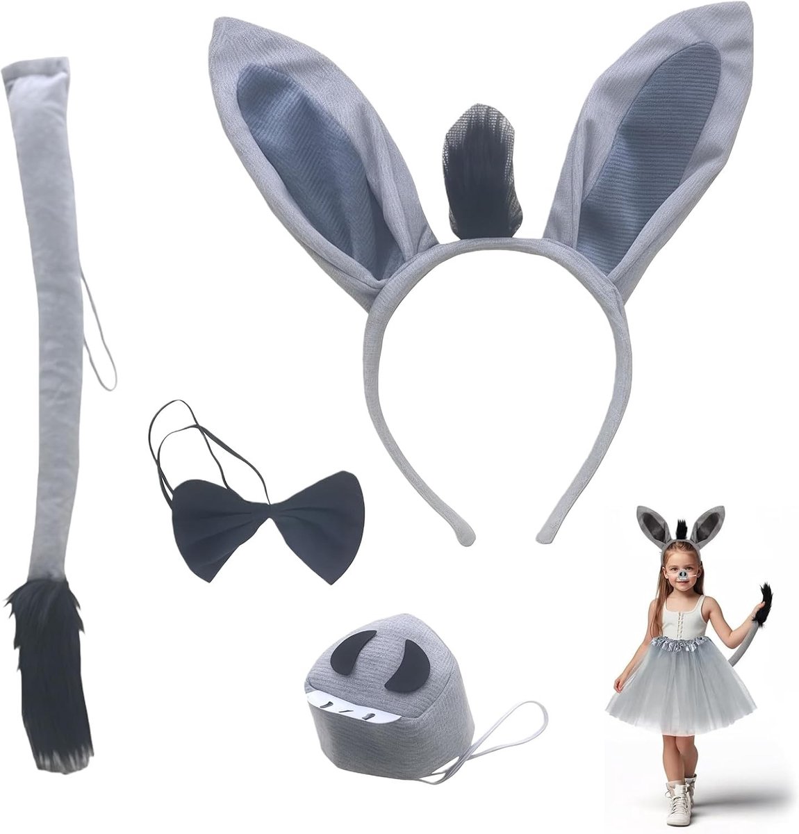Dierenkostuum Set met Donkey Oren, Strik en Hoofdband voor Carnaval en Feestjes, Perfect voor Cosplay en Theatrale Optredens