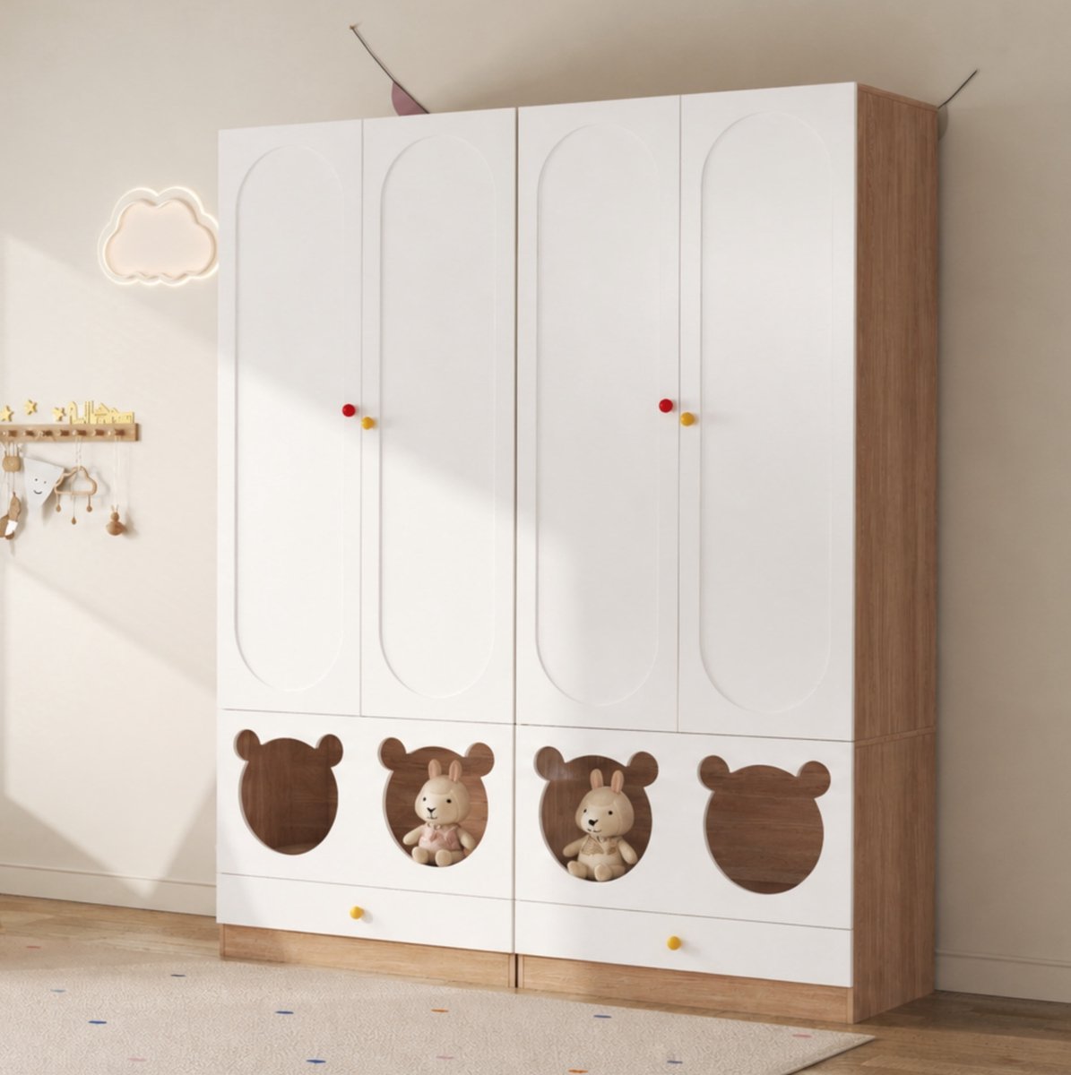 DESMIU Kledingkast - Twee Deuren Met Kledingstang En Laden - Voor Kinderkamer - MDF - Natural White - 80 X 50 X 200 Cm