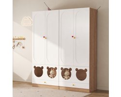 DESMIU Kledingkast - Twee Deuren Met Kledingstang En Laden - Voor Kinderkamer - MDF - Natural White - 80 X 50 X 200 Cm