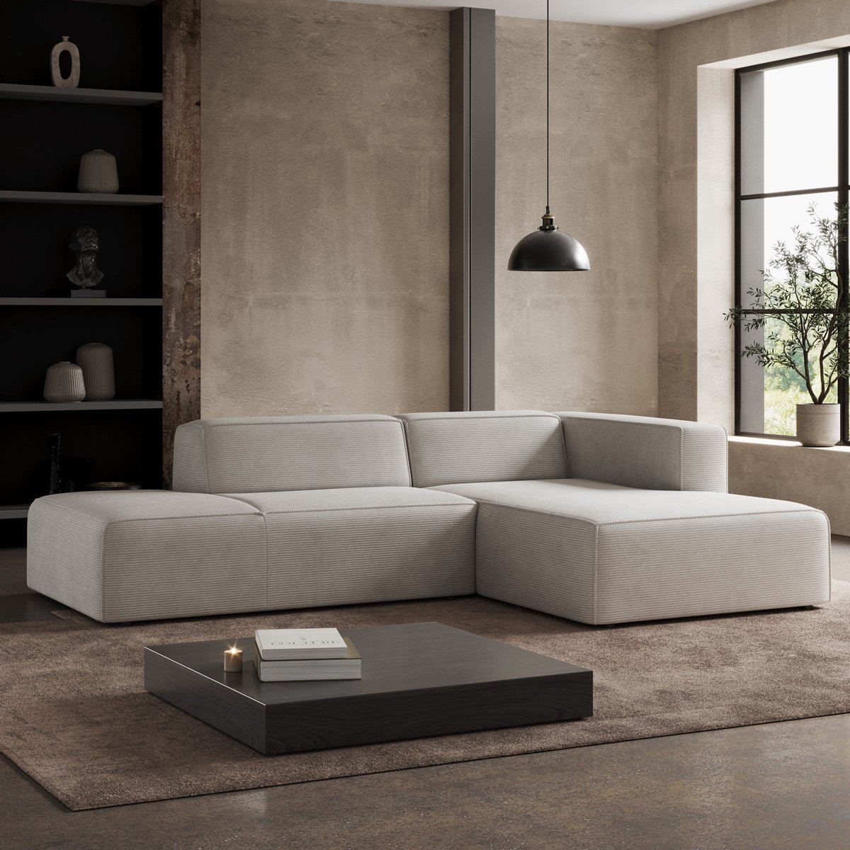 Meubella - Lumvar - Hoekbank 3-zits - Ribstof beige - Rechts