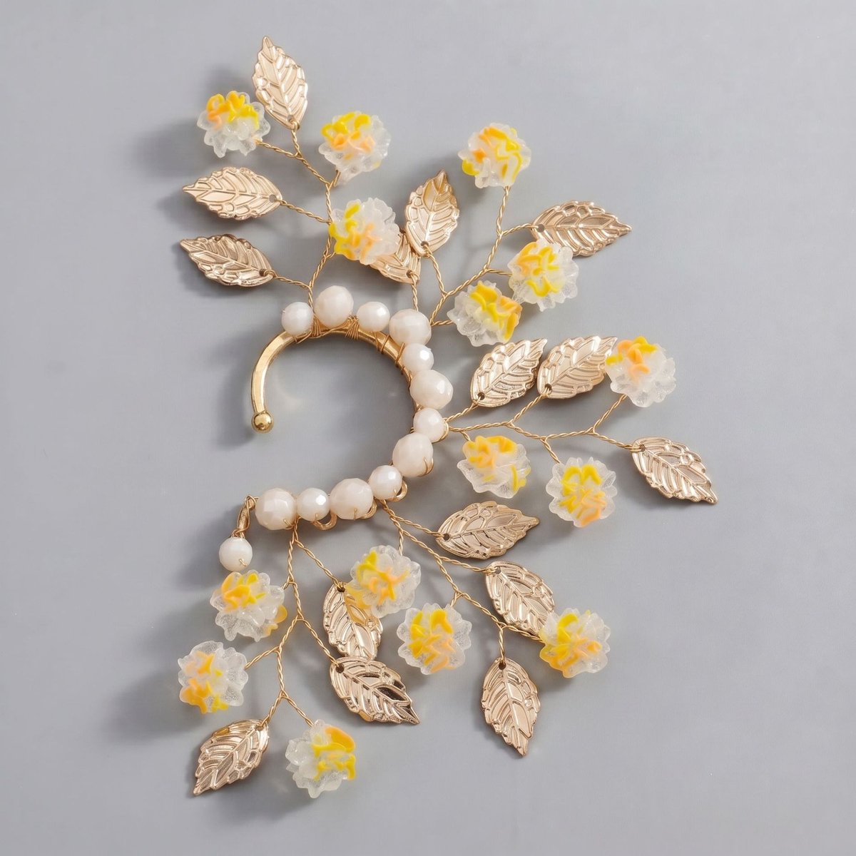 Elfen Oor Cuff, Handgemaakte Bloem Blad Oorversiering, Zonder piercing oorhaak voor bruiloft en fotoshoot，Gouden elegante parel-oorbelhaakjes