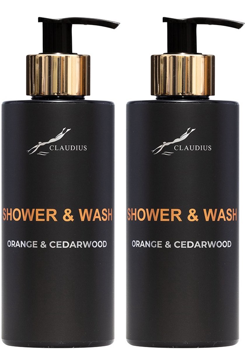 Shower & Wash Orange & Cedarwood 300 ml - met gouden pomp - zwarte fles - set van 2 stuks - Voordeelverpakking