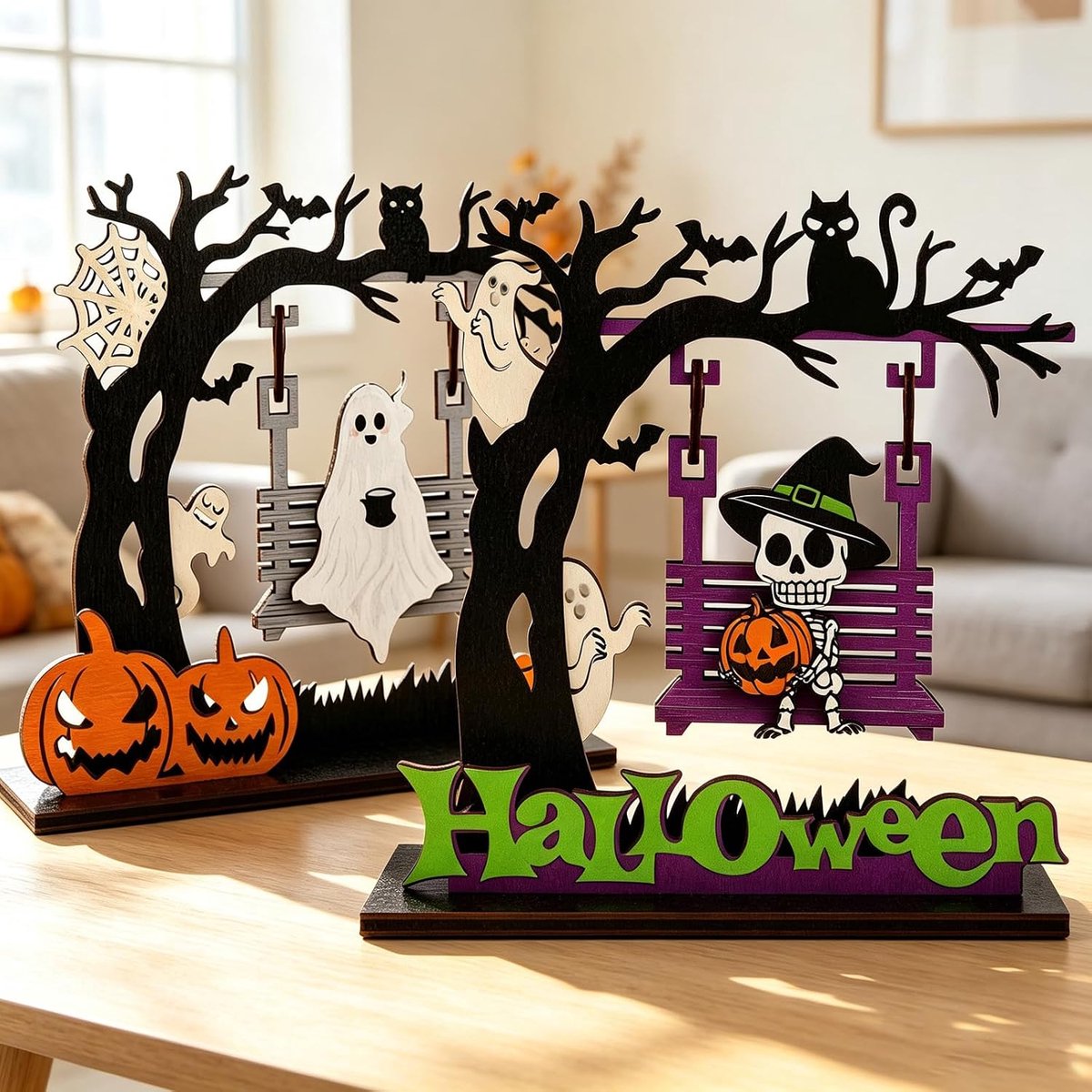 Halloween Hangende Spookdecoratie - Houten Spookslingers - Vintage Tafelstuk - Geschikt voor Schoorsteen, Planken en Tafel - Feestdecoratie - Sfeervol en Spookachtig - Herbruikbaar - Binnen Gebruik - Uniek Handgemaakt Ontwerp