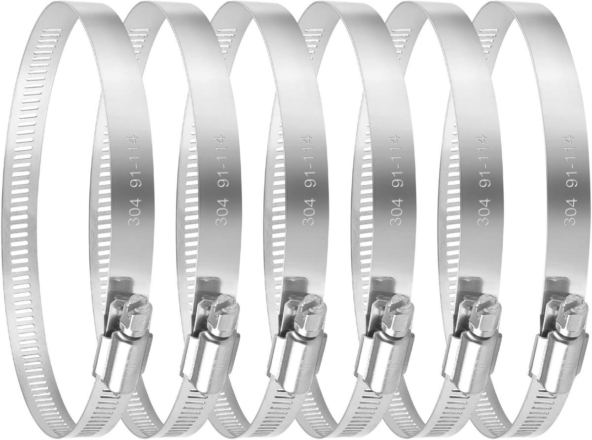 Slangklemmen - 4-inch slangklem - Verstelbare pijpklem van 304 roestvrij staal - Slangklem met wormschroef - Verstelbaar 91-114 mm - Set van 6