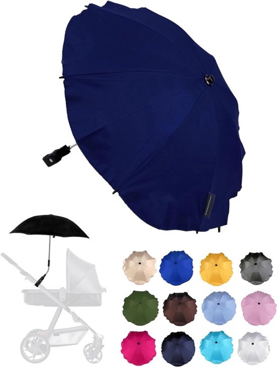 Universele kinderwagen parasol met UV-bescherming 50+ - passend voor ronde en ovale buizen, verstelbare houder, marineblauw