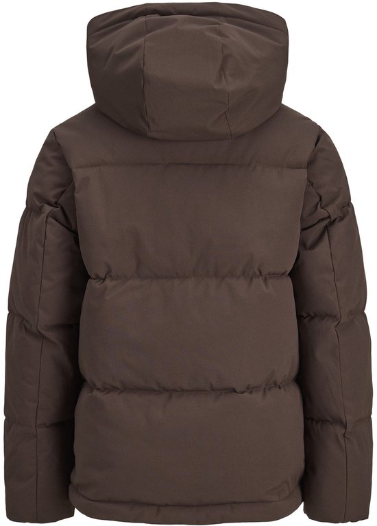 Bruine puffer jas van Jack & Jones voor jongens, met capuchon en horizontale naden.