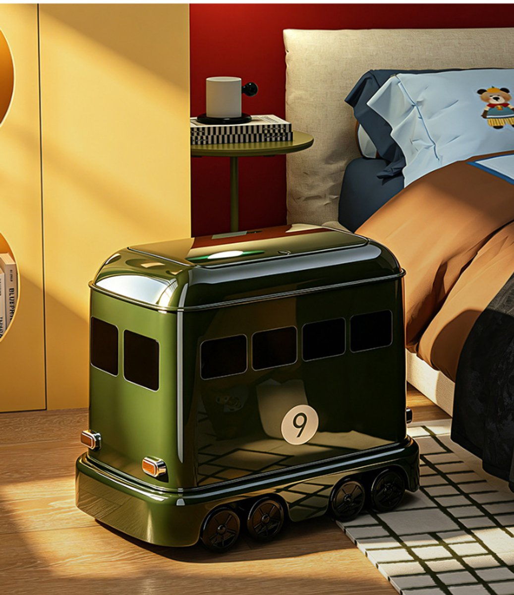 Retro bus‑vormige prullenbak met druk‑opend deksel en verrijdbare wieltjes, decoratieve afvalbak met verwijderbare binnenemmer, praktische vuilnisbak voor woonkamer, kinderkamer, kantoor en slaapkamer,12L De vuilnisbak,Groen
