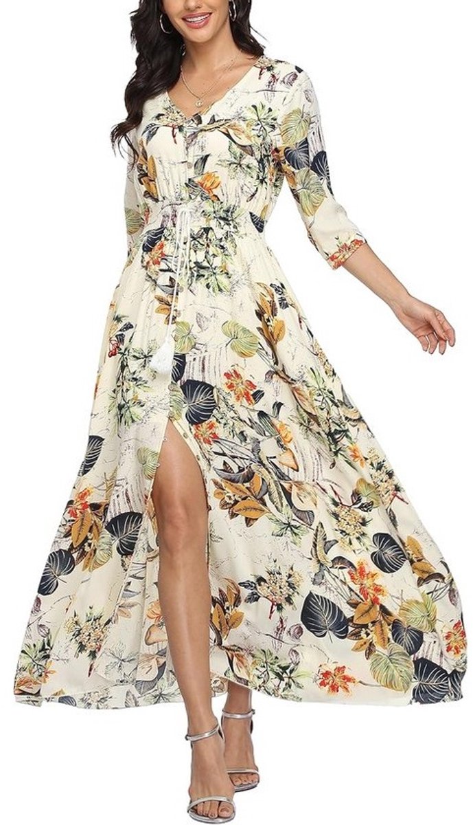 Dames Maxi Jurk Zomer Boho Viscose V-Hals Knoopsluiting Lente Mode