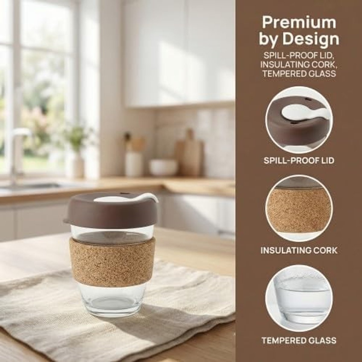 Herbruikbare 340ml Tempered Glass Koffiebeker met Kurk en Waterdichte Deksel voor Thuis en Op Reis