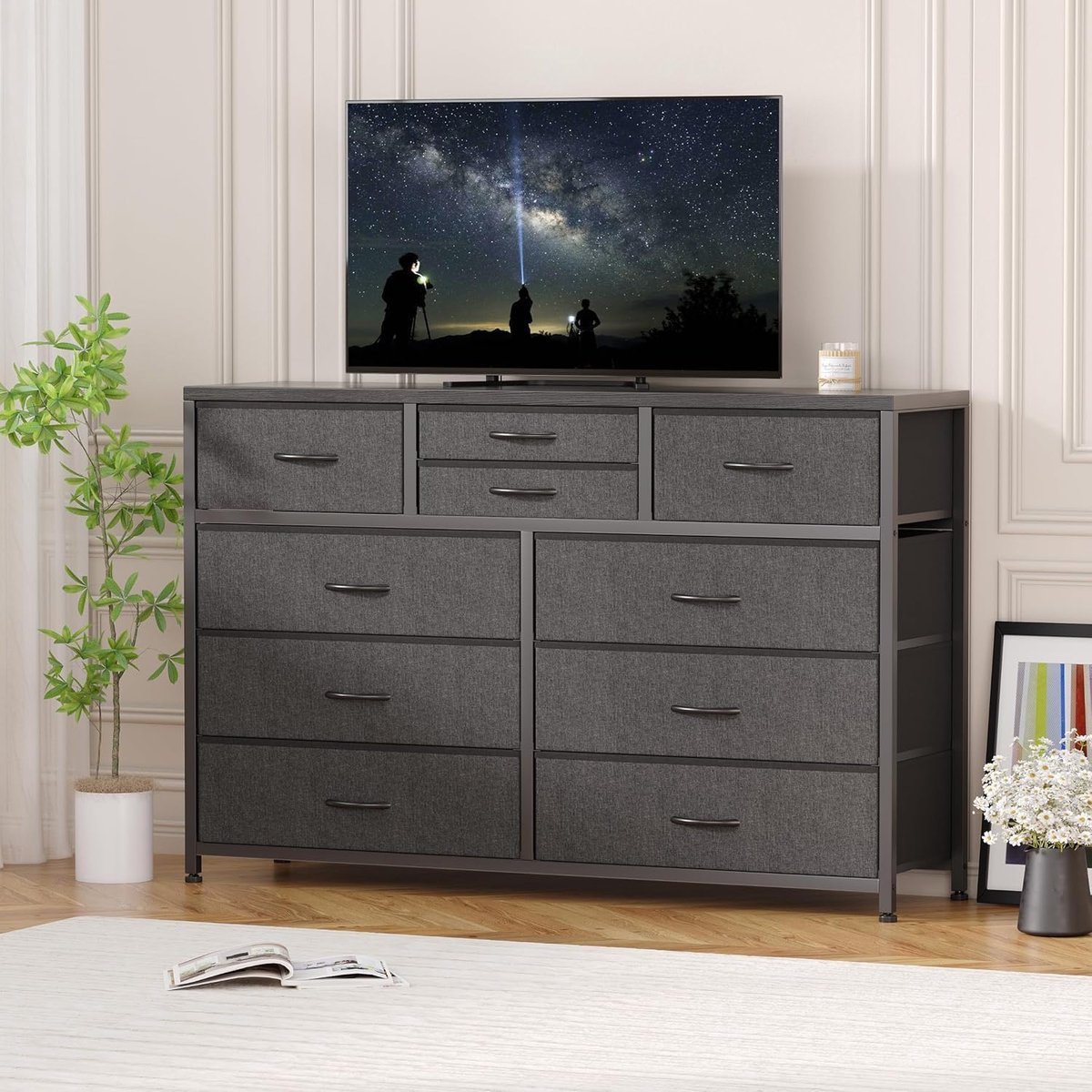 Triumpunpre - Ladekast 10 lades in stof – Metalen frame Houten blad – Met handgrepen – Opbergmeubel – Voor entree, slaapkamer en woonkamer – Zwart