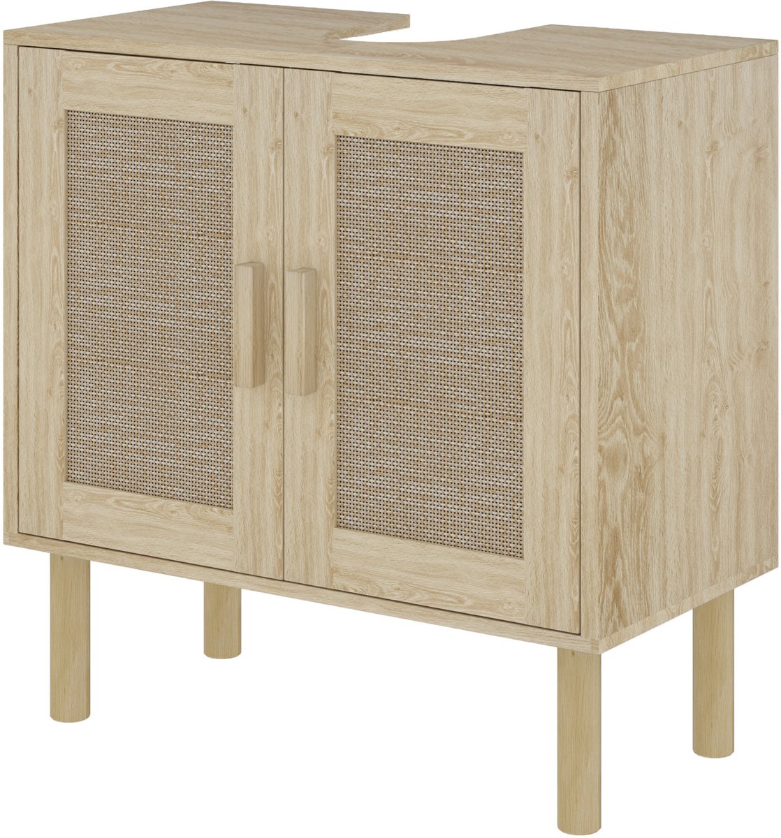 Badkamermeubel onder wastafel, met rotan deuren en poten van dennenhout, 2 niveaus, 60 x 30 x 60 cm, eiken