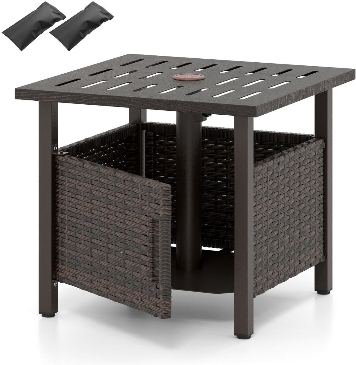 SureDeal® - Tuintafel - Buiten Rieten Bijzettafel - Parasolgat Kleine Balkontafel - 55,5x55,5x47,5 cm - Koffiebruin