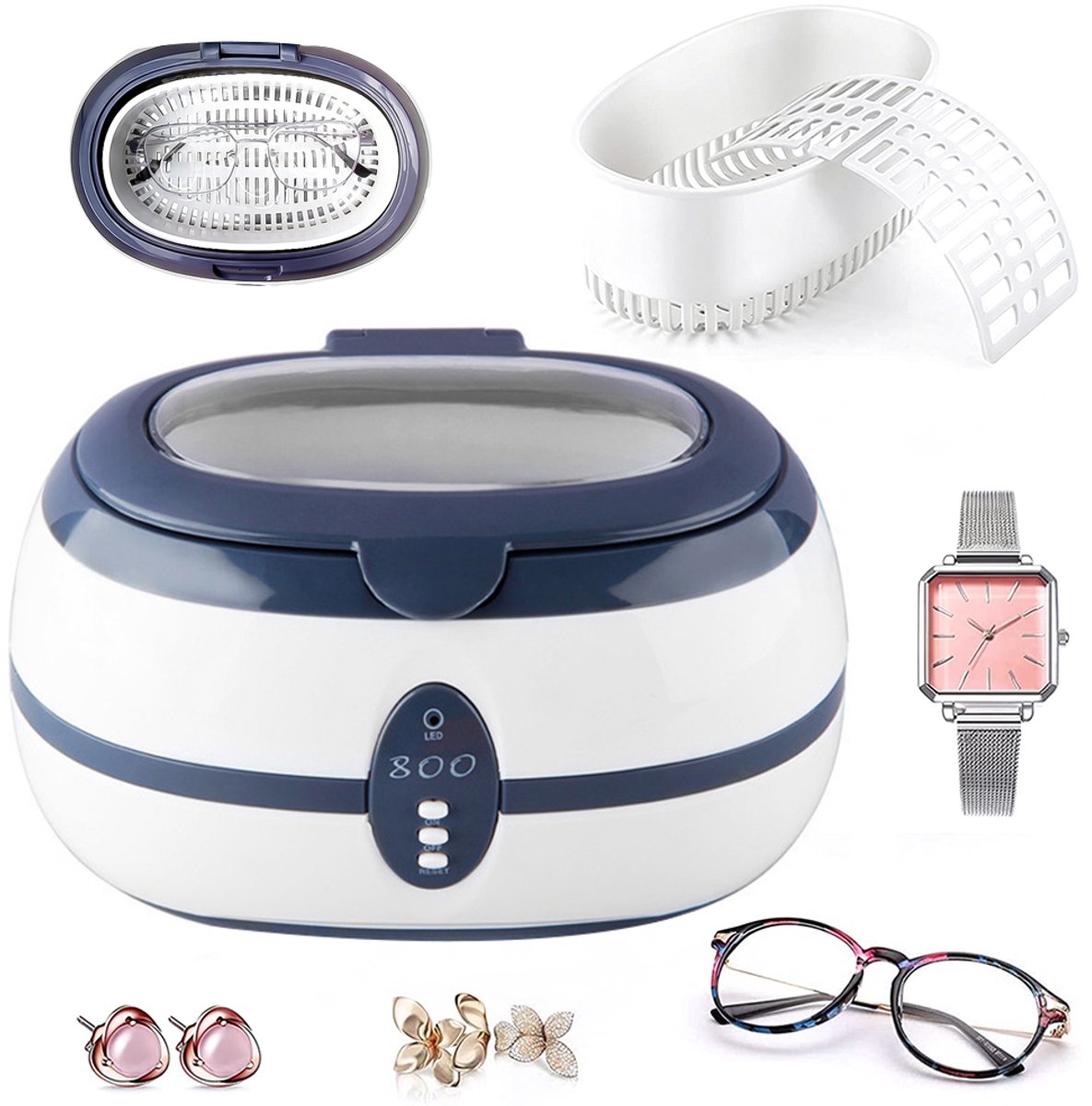 Ultrasone reiniger - Sterilisator voor huishoudelijk gebruik - Reiniging van cosmetica – 360° ultrasone reiniging – Geschikt voor het reinigen van brillen, sieraden, horloges en gebitsprotheses – 600 ml – 35 W – 20*14*12,5 cm – Blauw