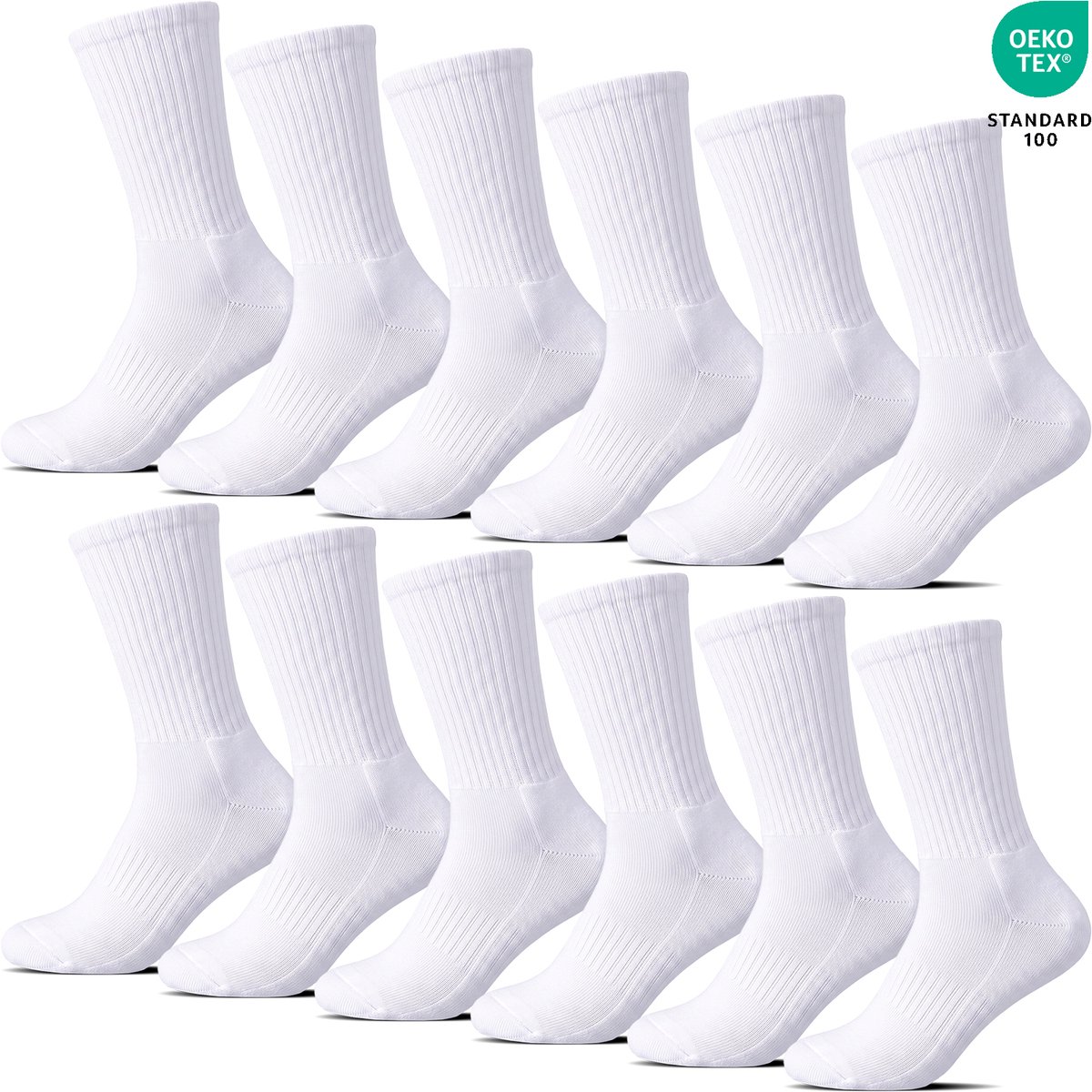BENYSON® 12 Paar Sportsokken met Badstof Zool Crew Lengte - Casual Sokken - Cushioned Wandelsokken - Katoen - Wit - Maat 39-42 - Heren Dames Unisex - Hardloopsokken B-8202