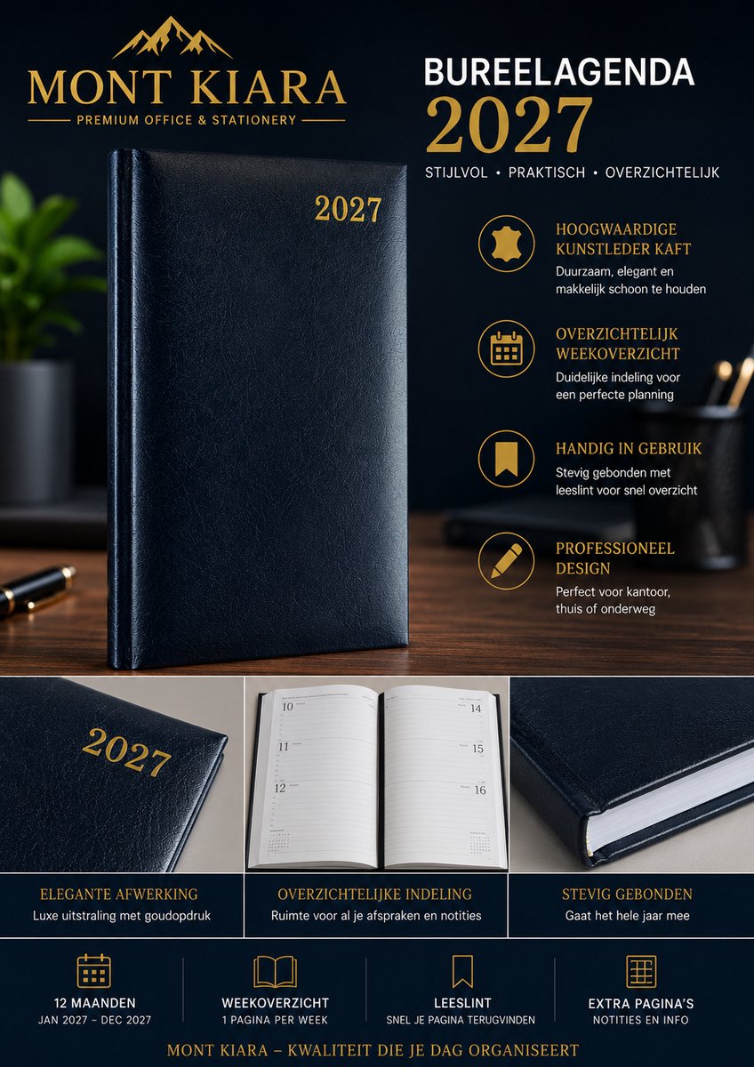 Mont Kiara Bureelagenda 2027 – Blauw Kunstleer – Weekagenda – Zakelijke Agenda voor Kantoor & Werk – Professionele Planner 2027