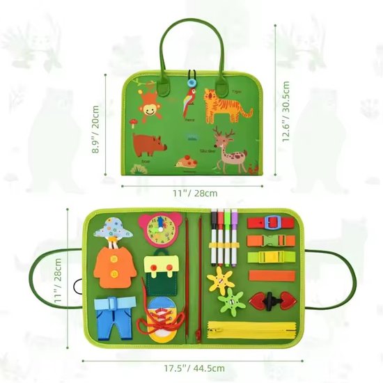 Montessori Activiteitenboek Dieren, Voel‑en‑doek Busy Board Boek - Leer Veter Strikken en Klok Lezen - Draagbaar Educatief Motoriek Speelgoed Voor Kinderen - Perfect Voor Thuis en Op Vakantie - Groen — afbeelding 4