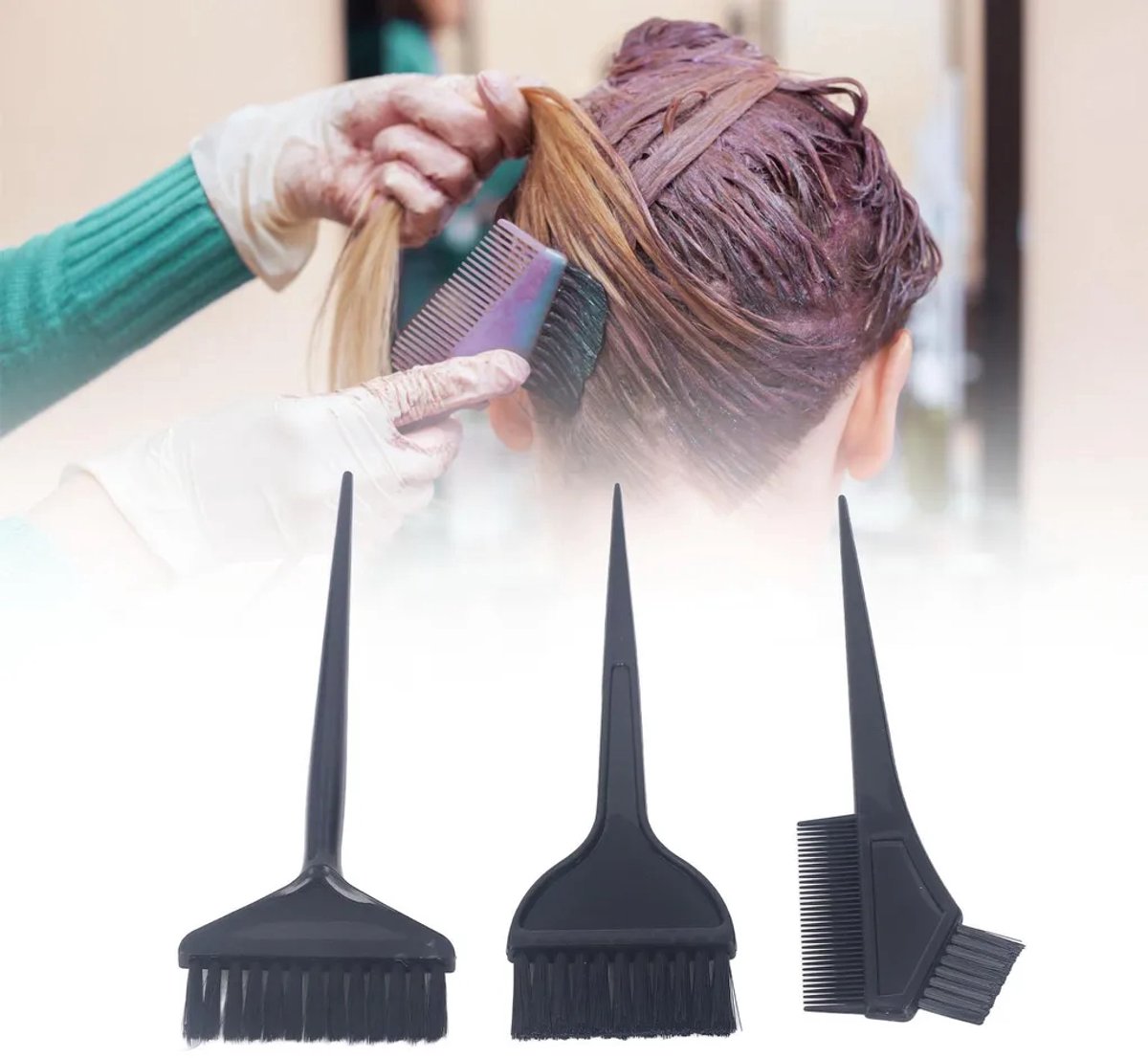 Driedelige set haarverfborstels, professionele salonborstel Geschikt voor haarverf, haarverfkam