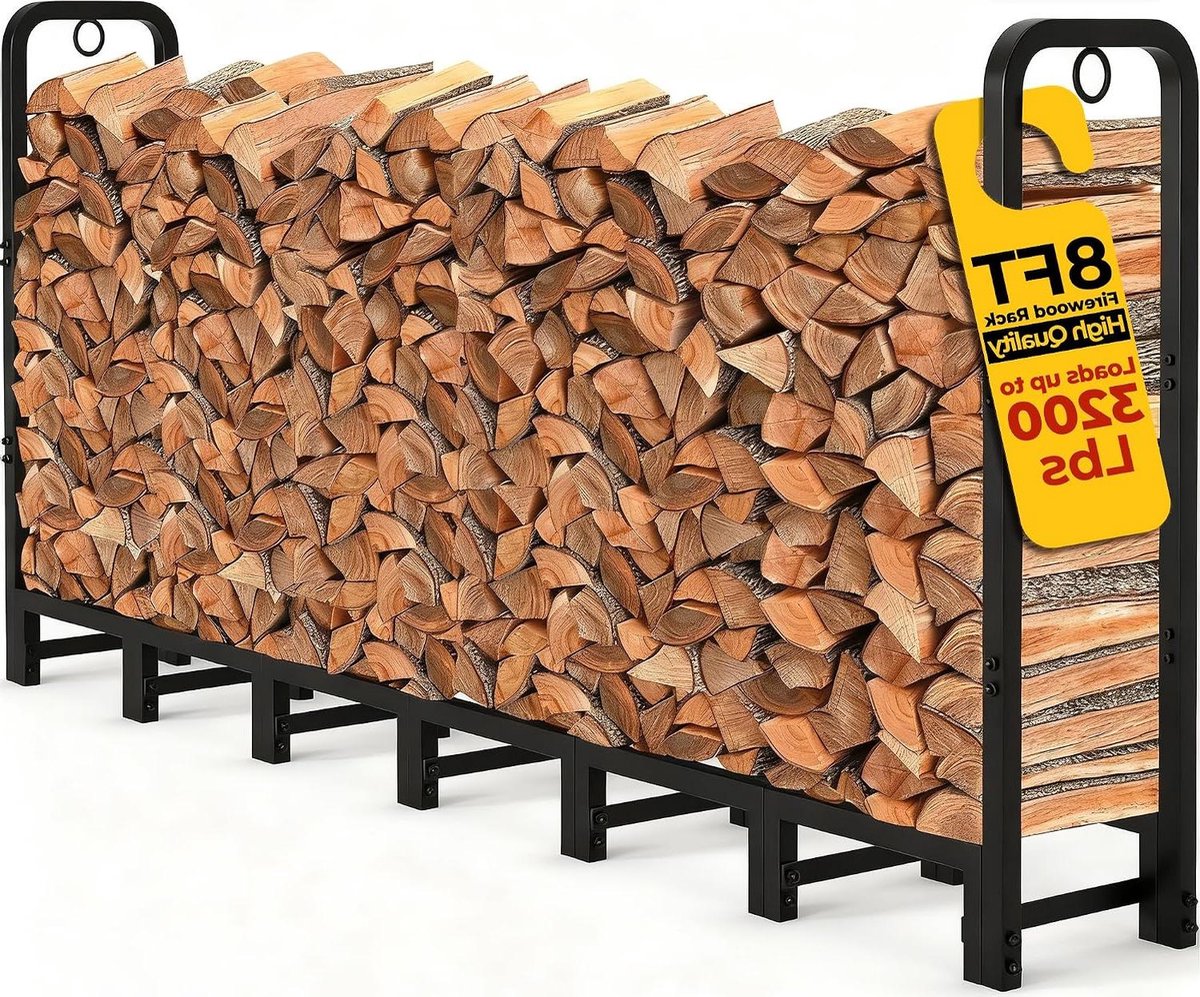 Brandhout Rek - Hout Opslag - Buiten Haard - Roestbestendige Afwerking - 2.4 Meter - Zwart