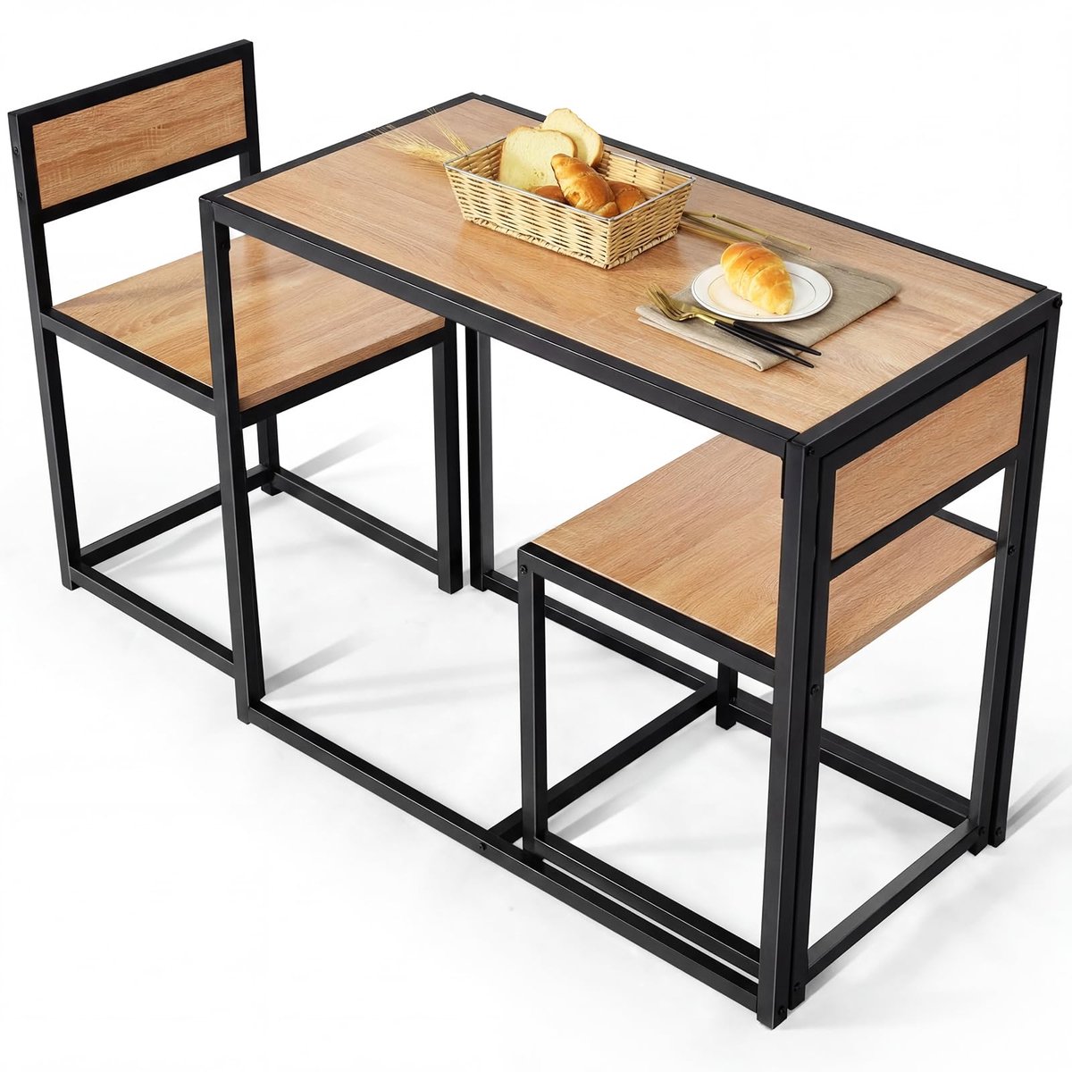 COSTWAY 3-delige eettafelset, keukentafel set met 2 stoelen, compacte tafel en 2 stoelen met metalen frame voor kleine ruimtes, keuken, eetkamer, bistro