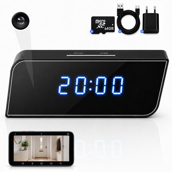 Horloge intelligente Bastix K1 à chiffres numériques bleus, montrée avec carte SD, câble de charge et adaptateur.