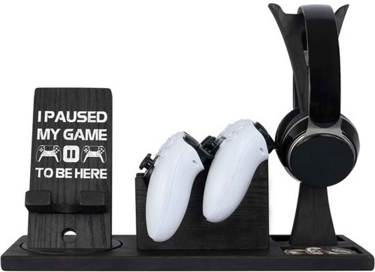 Handgemaakte controller organizer met hoofdtelefoonhouder en draaibare telefoonstandaard voor gamers
