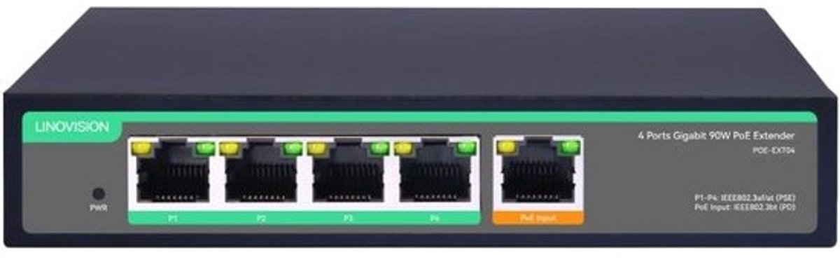 4-Poorten Gigabit PoE Passthrough Switch en Extender met 90W Ingang - Ideaal voor IP Cameras en Telefoons