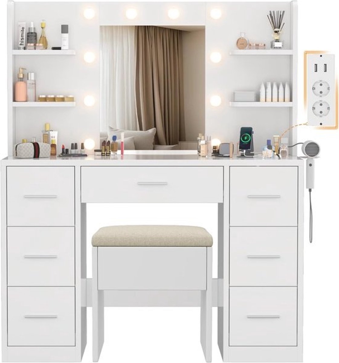 Kaptafel met Spiegel - Make-up Tafel - Slaapkamer Organisatie - Verstelbare LED Verlichting - 110x40x137cm - Wit