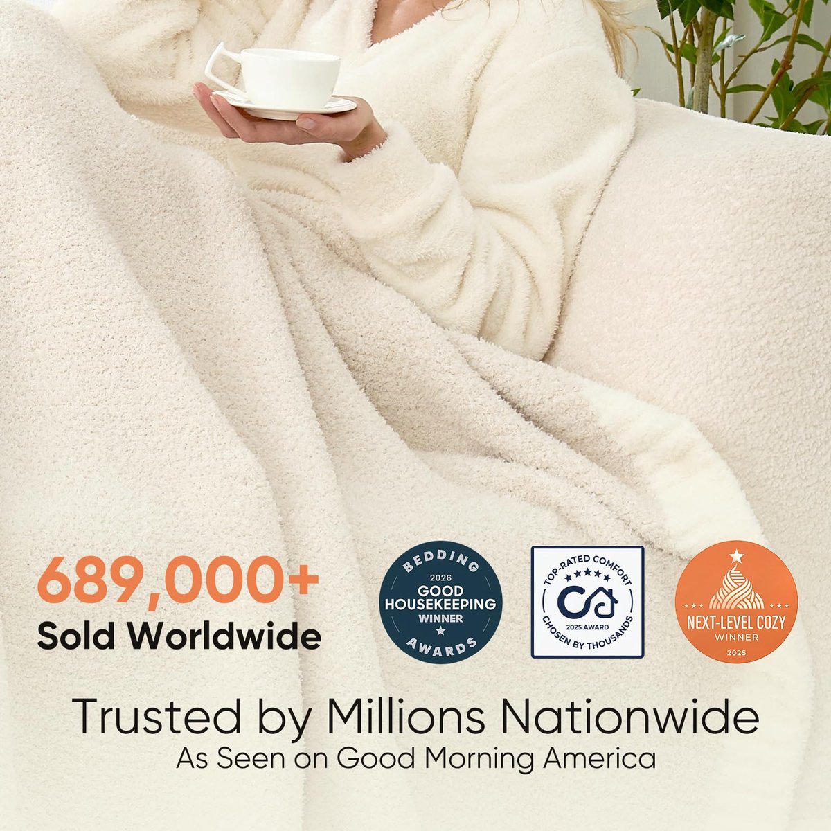 Snuggle Sac Boterachtige ivoorkleurige deken voor bank, omkeerbare superzachte gebreide dekens, warme gezellige - ShopVlot