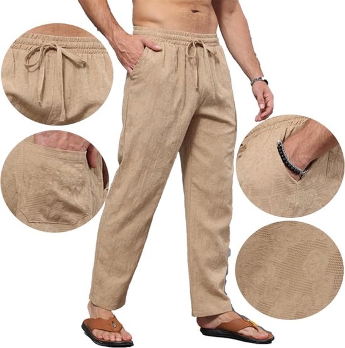 Heren Leren Strandbroeken, Losse Pasvorm, Katoenen Broeken, Casual Zomerbroeken met Touwtjes