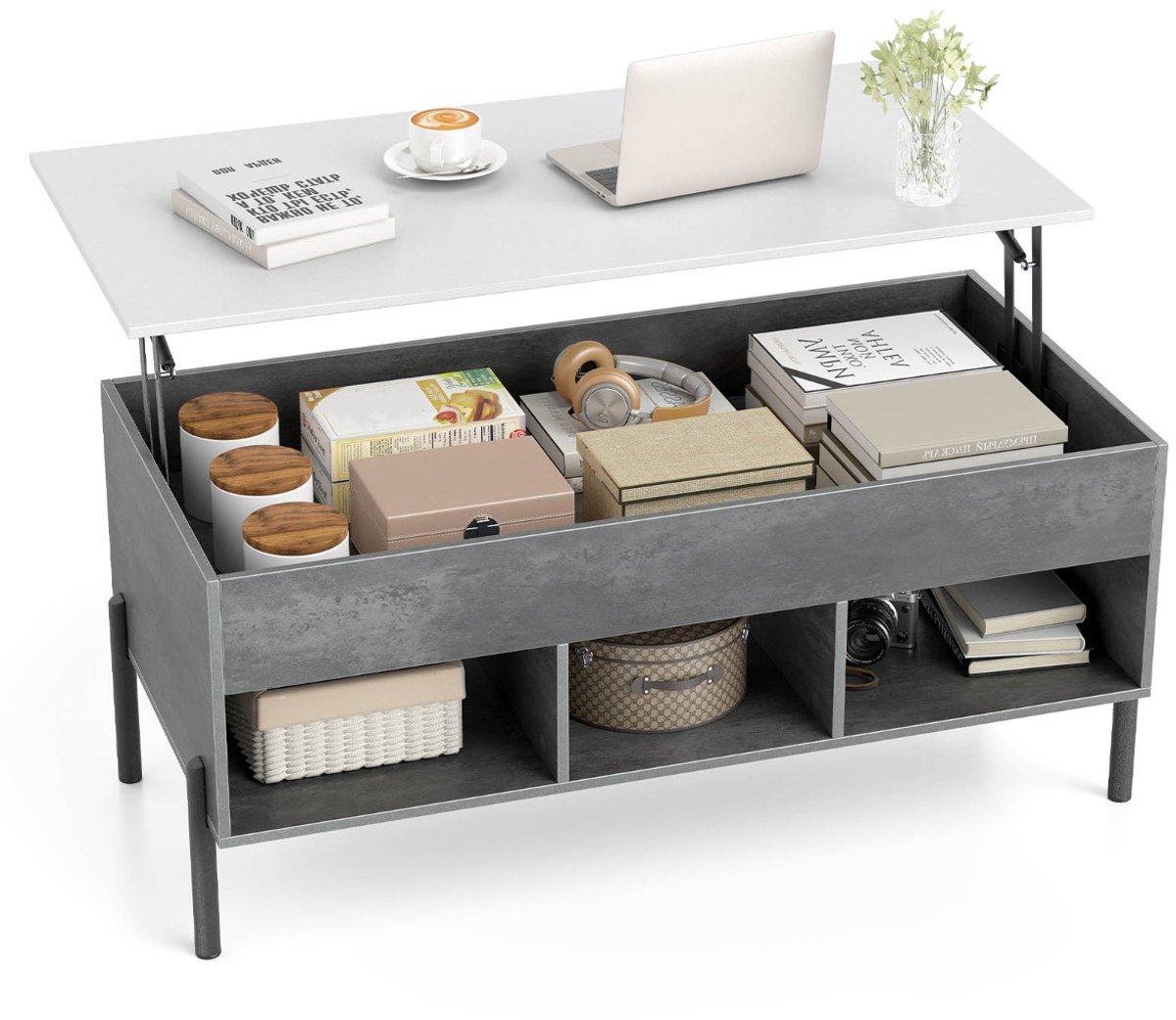 SureDeal® - Salontafel - Verhoogbare Verhoogbare - Breed Tafelblad Verborgen - Open Opbergvakken - 100x50x45 cm - Grijs