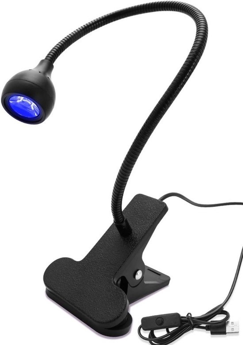 Multifunctionele USB-aangedreven UV-kleeflamp met clip en schakelaar – Flexibele 360 graden paarse bureaulamp voor UV-gelnagels en PCB-reparatie