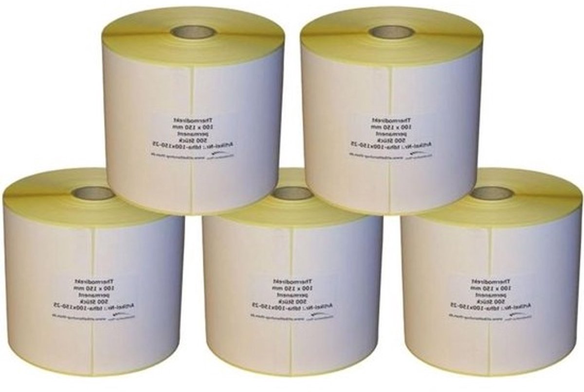5x 500 Stuks Thermo Etiketten - Labels op Rol - Verzendlabels Printen - Permanent Hechtend - 100 x 150 mm - Wit
