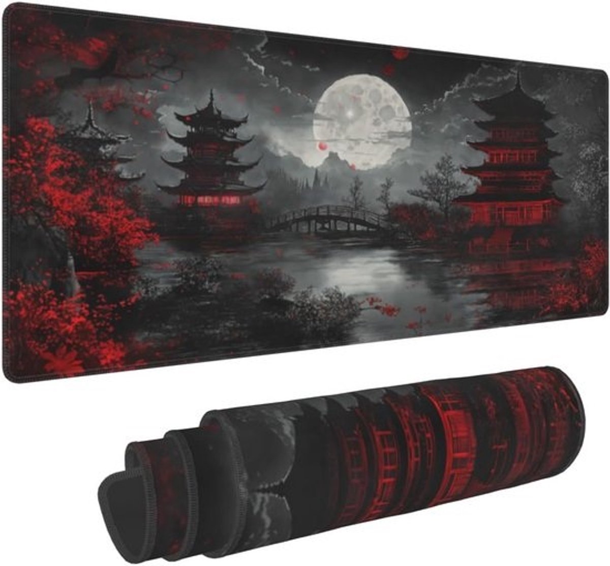 XXL Gaming Muismat Zwart Rood Japans Ontwerp 80x30 cm Bureauonderlegger Antislip