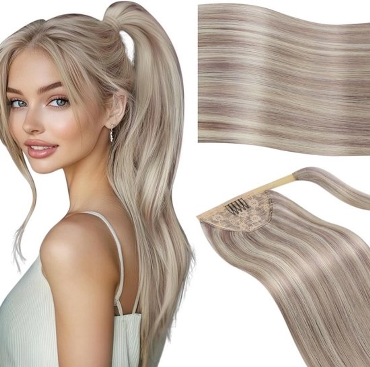 Natuurlijke Paardenstaart Haarextensie Asblond met Highlights Zonder Merk