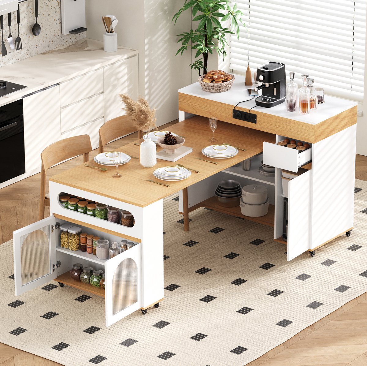 REDOM - Keukenkast - Uitschuifbaar tafelblad - Met wielen en stopcontacten - Lade en kast met glasdeuren - MDF - Wit en naturel - 50,5-187,5 x 110,5 x 95,5 cm