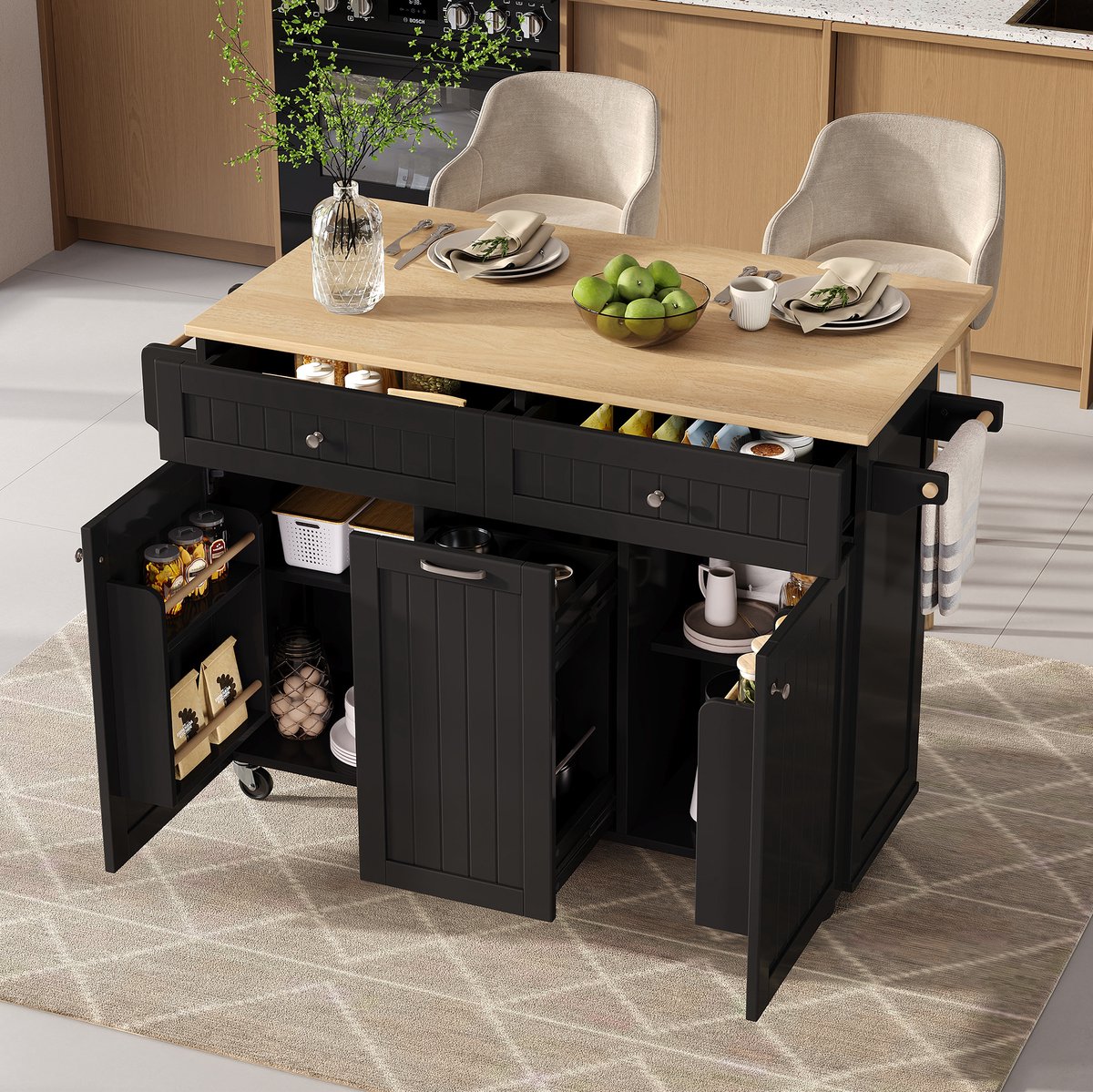 REDOM Keukeneiland - Uitklapbaar en uitschuifbaar werkblad - Multifunctionele lades en opbergruimte - Modern - Keuken en eetkamer - MDF - Zwart en Naturel - 140 x 40-70 x 92 cm