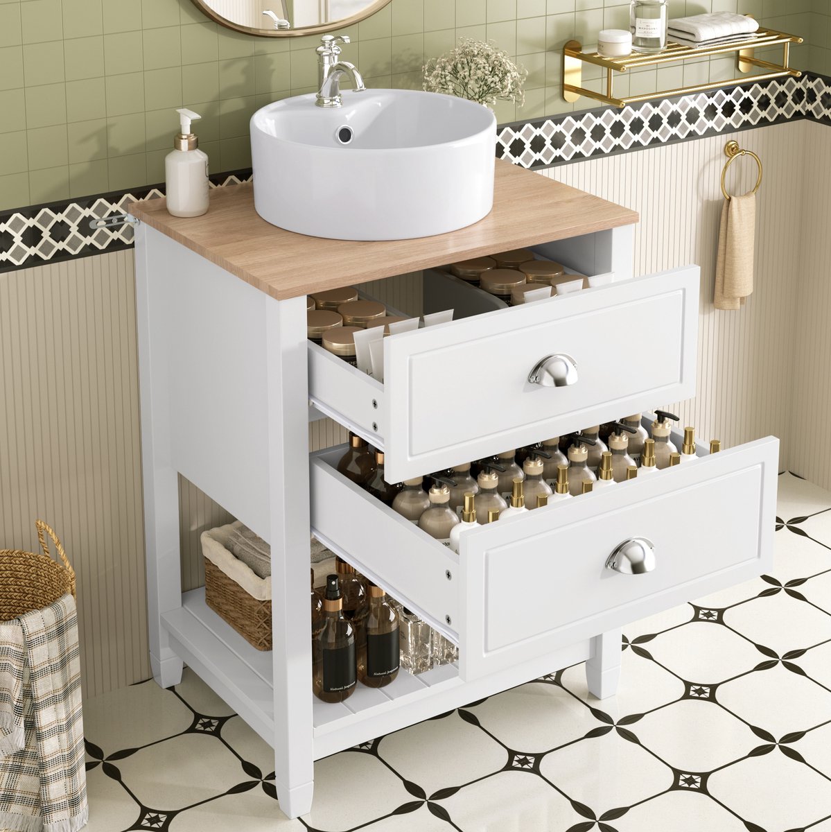REDOM - Badkamer wastafelmeubel - Keramische ronde wastafel - 2 lades en open vak - Staand - Badkamer - MDF - Wit en houtlook - 60 x 45 x 91 cm
